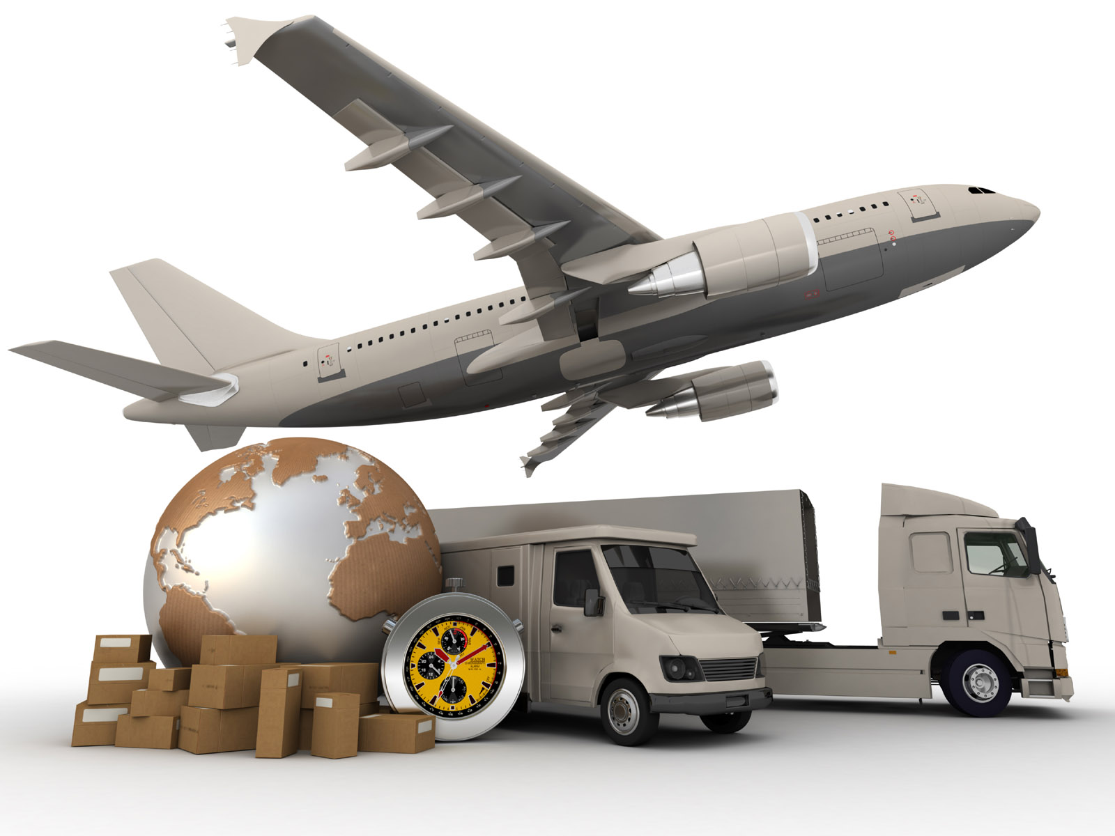 3D rendering of  a world map, packages, a chronometer vans, trucks, and an airplane